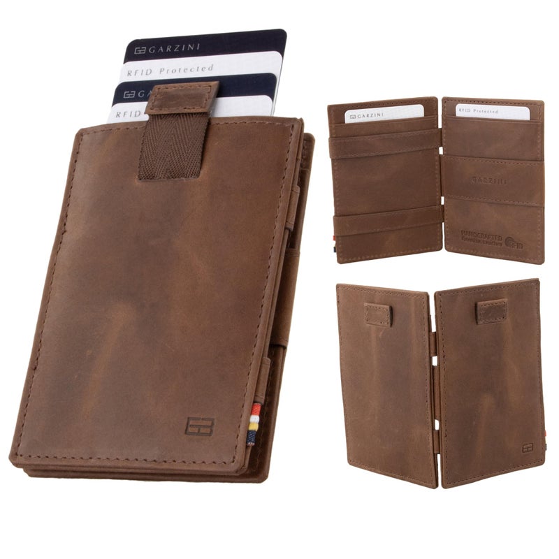 GARZINI Magic Wallet with Pull-Tab, Minimalist Wallet with RFID card holder, Leather Wallet for 12 cards, Brushed Brown - Image 1